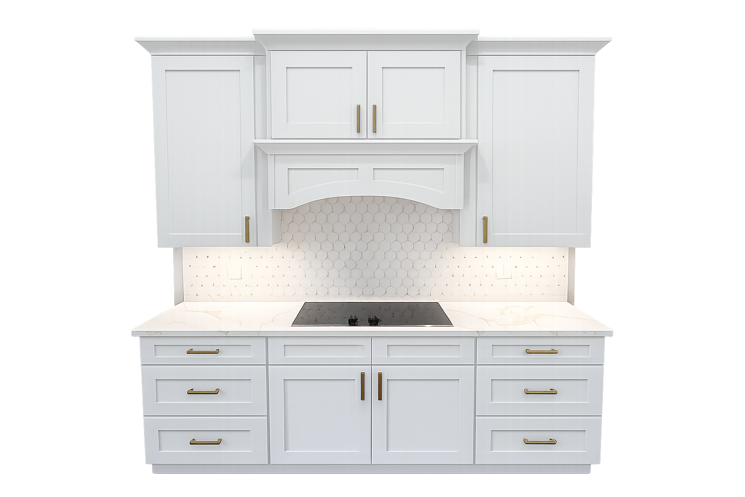 White kitchen cabinet with gold handles, kitchen hood, and black cooktop on a marble countertop. White hexagon tile backsplash.