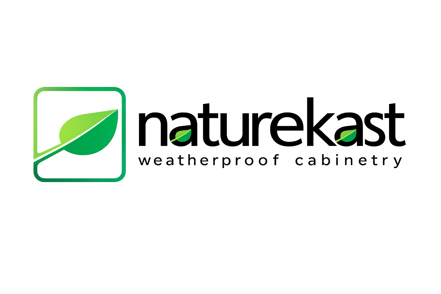 Logo for Weatherproof Cabinetry featuring a green square with rounded corners and a leaf, with the company name and tagline beneath.