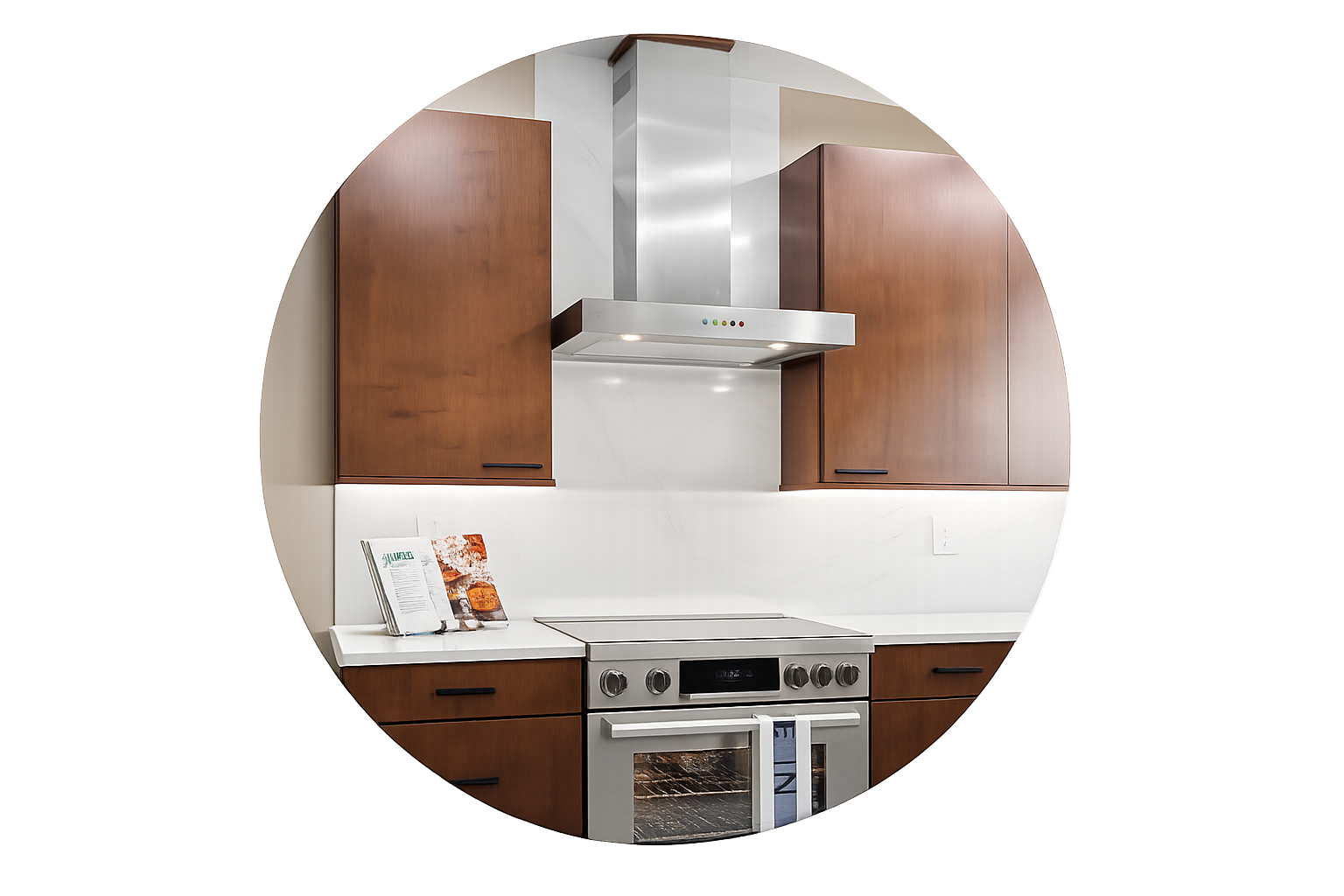 Kitchen seen through a round mirror, featuring wooden cabinets, a stainless steel range hood, a white stove, and countertop appliances.