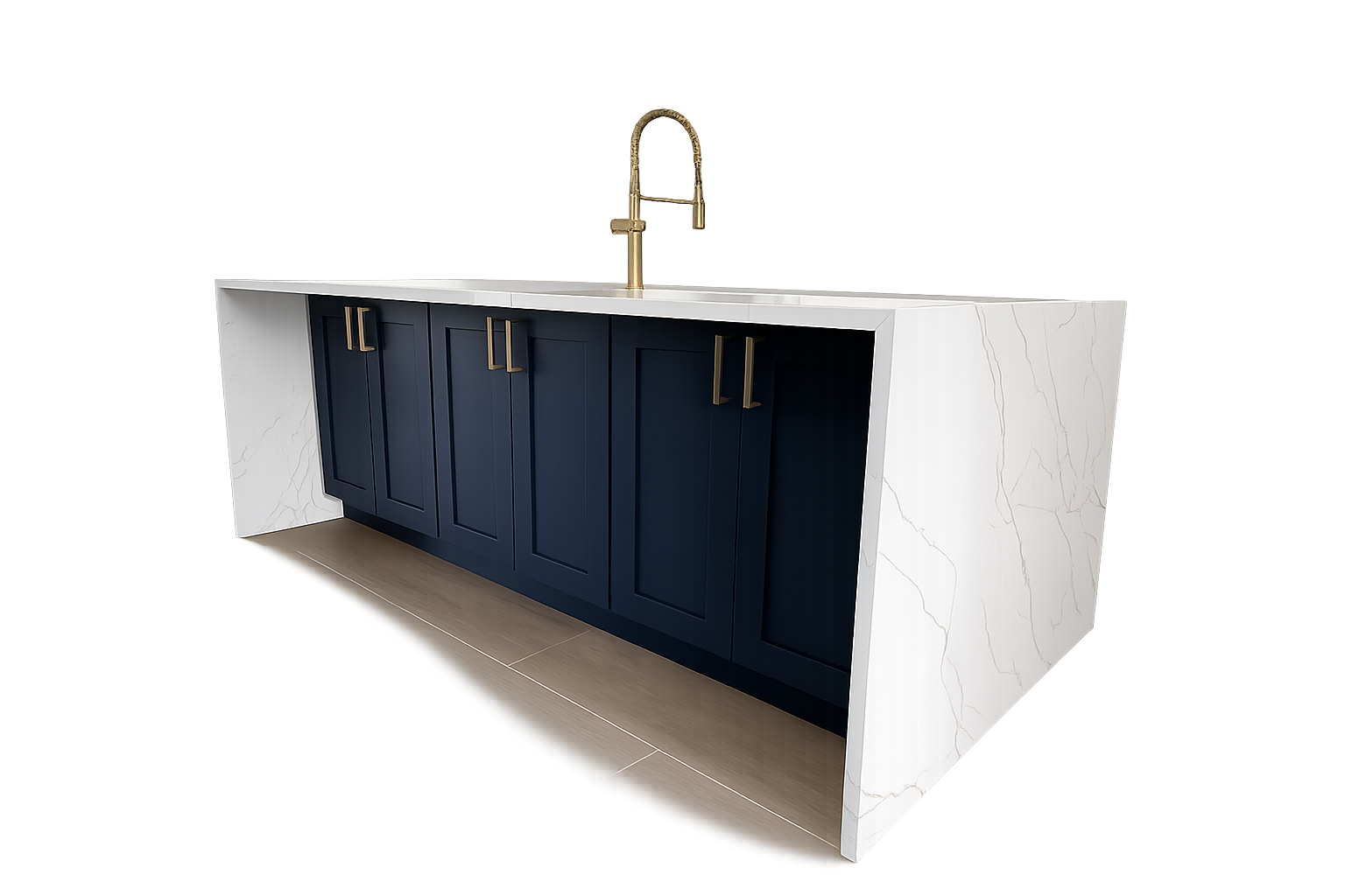 Modern kitchen island with navy blue cabinets, white marble edges, and a gold faucet.