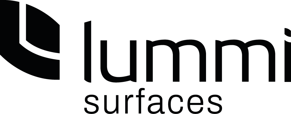 Black background with a large gray logo that says "lummi surfaces."