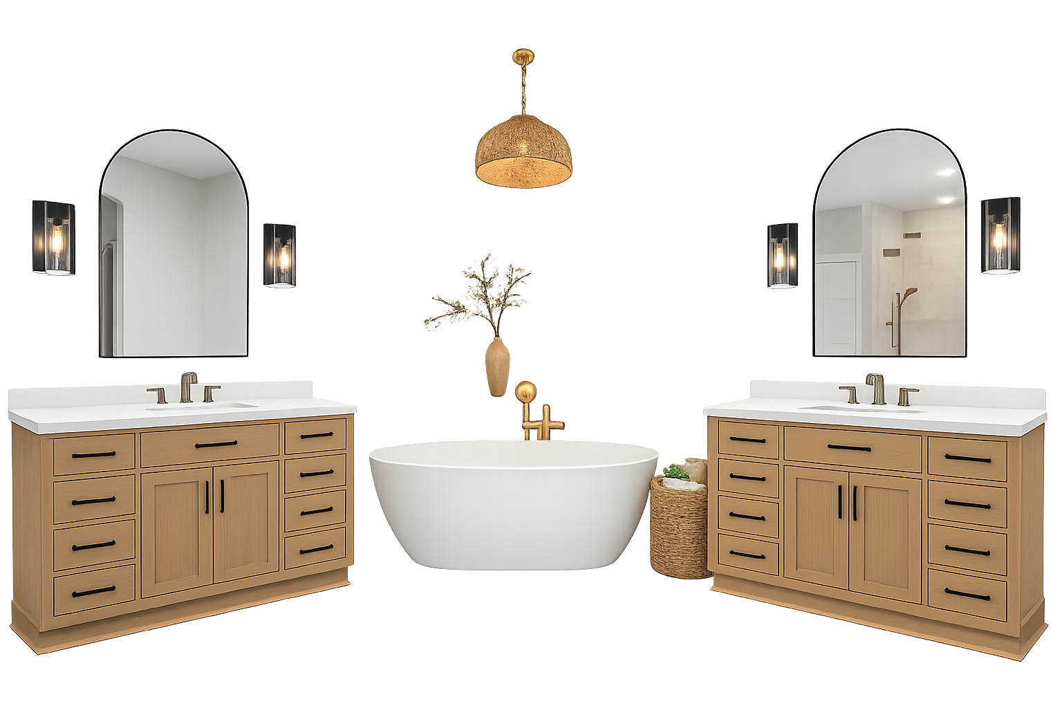 Modern bathroom with double vanities, large mirrors, wall sconces, a freestanding bathtub with a gold faucet, and a walk-in shower with a gold showerhead, decorated with a vase, a basket, and a hanging light fixture.