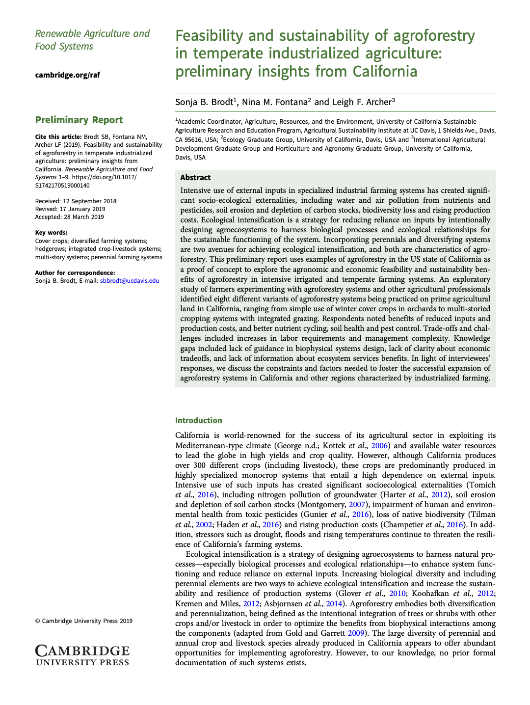 Feasibility and sustainability of agroforestry
in temperate industrialized agriculture:
preliminary insights from California
