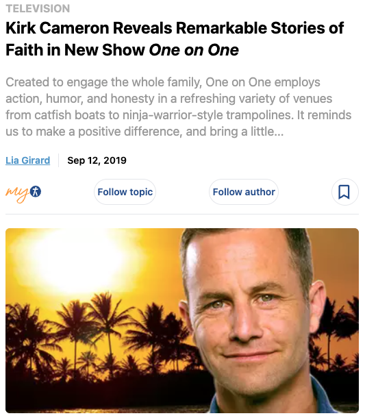 Interview article with Kirk Cameron by Lia Girard