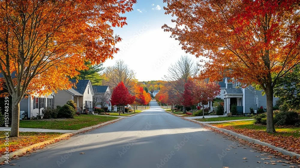 A suburban street lined with trees showcasing vibrant fall foliage in shades of orange, red, and yellow, with houses on either side and a clear blue sky overhead.