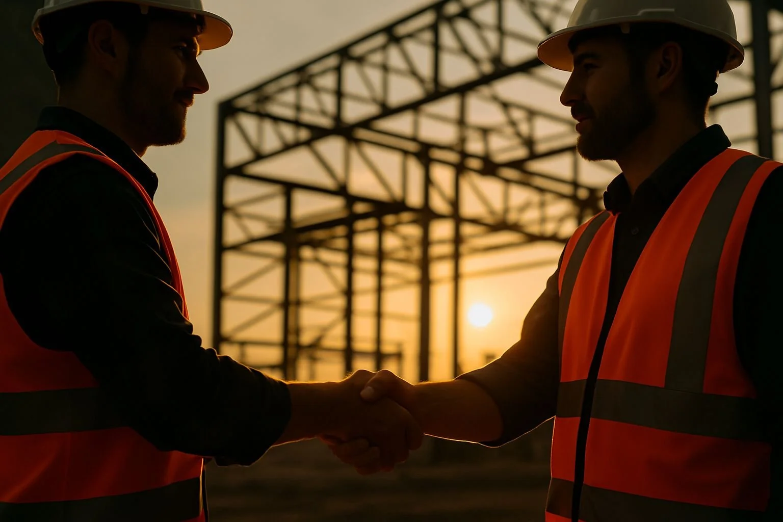 Two construction workers wearing orange safety vests and white hard hats shake hands at sunset with a construction framework in the background.