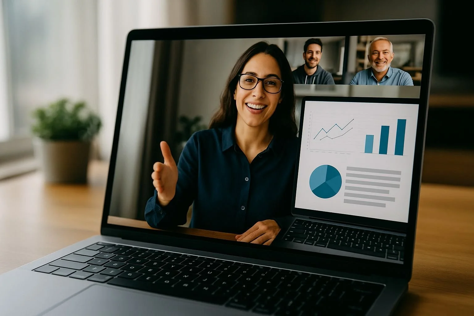 Video call with a woman showing business charts and two men visible in a small inset window.