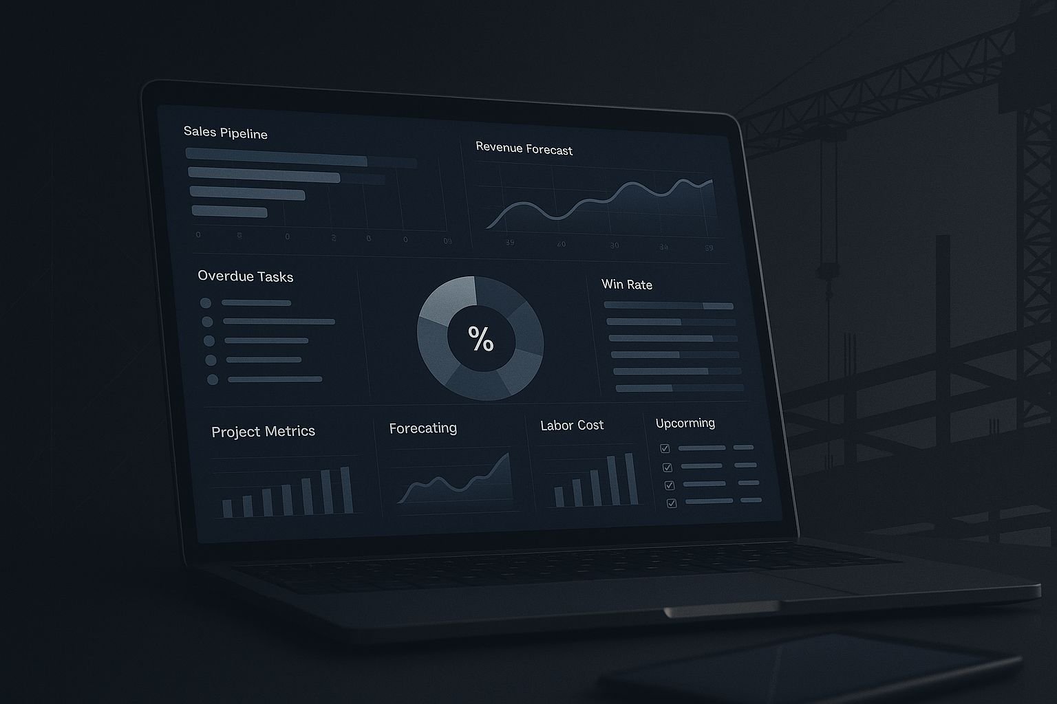 Laptop screen displaying business analytics charts and graphs in a dark environment, with a crane in the background.