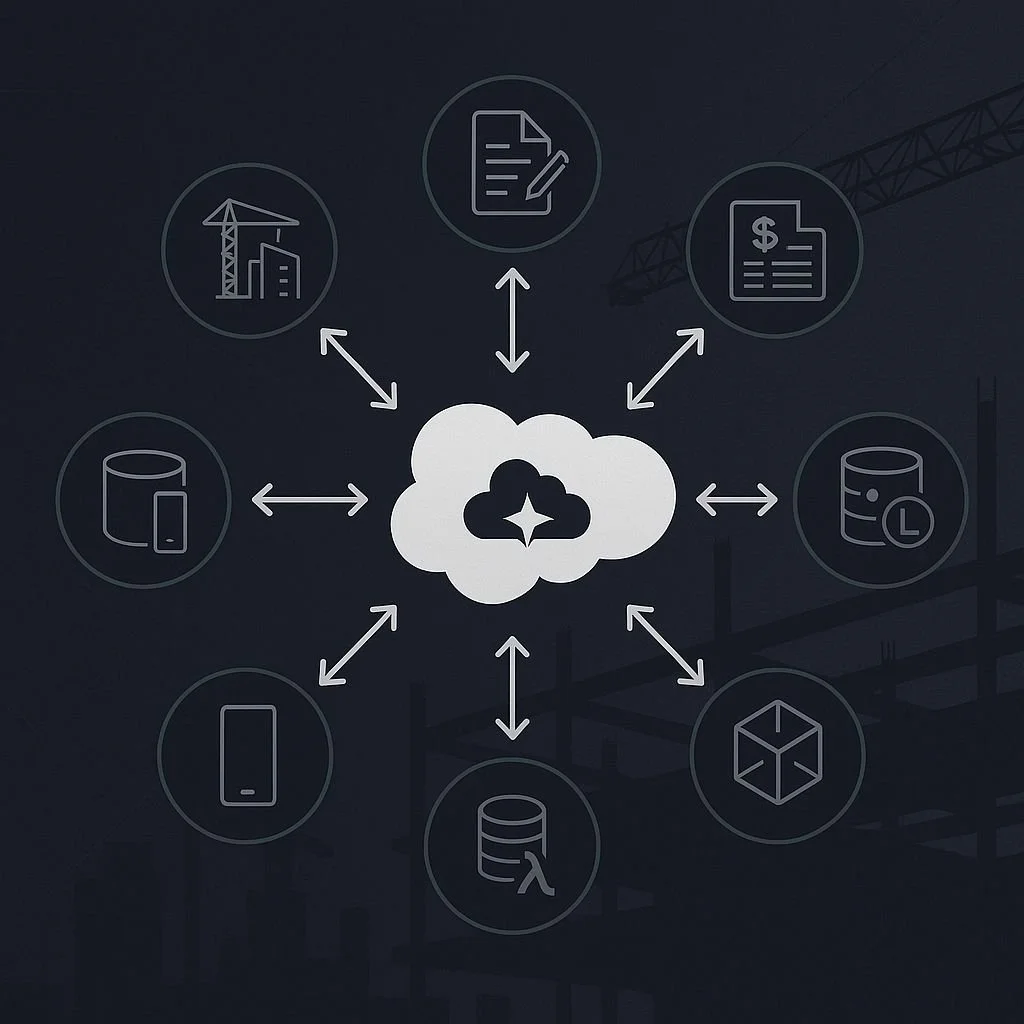 A diagram showing multiple icons connected to a central cloud with arrows pointing in all directions, representing cloud computing or data integration.