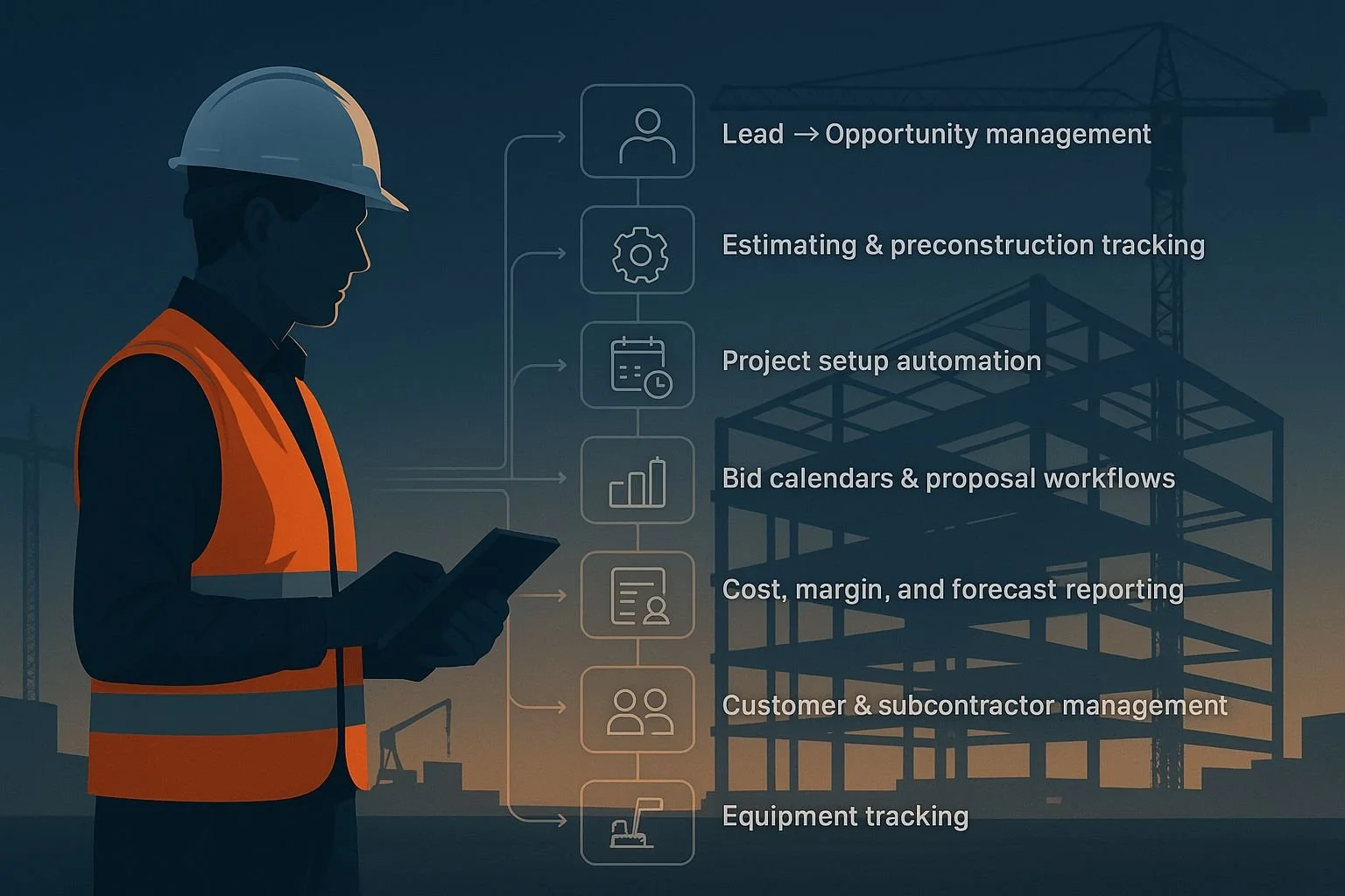 Silhouette of a construction worker wearing a safety vest and helmet, holding a tablet, with construction crane and building framework in background, alongside a vertical list of construction project management steps.