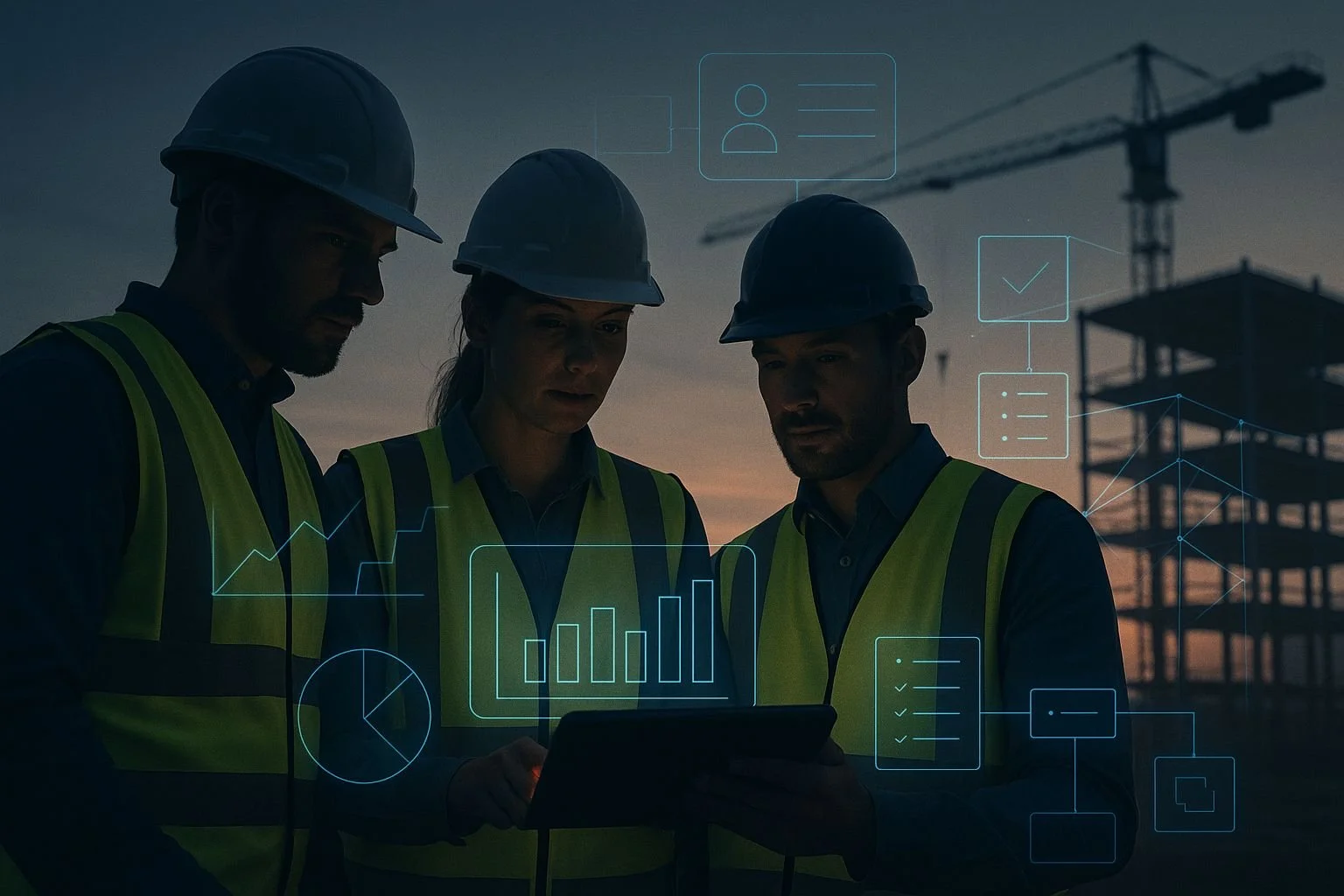 Three construction workers in safety vests and helmets looking at a tablet with digital data overlay, construction site in the background at dusk.