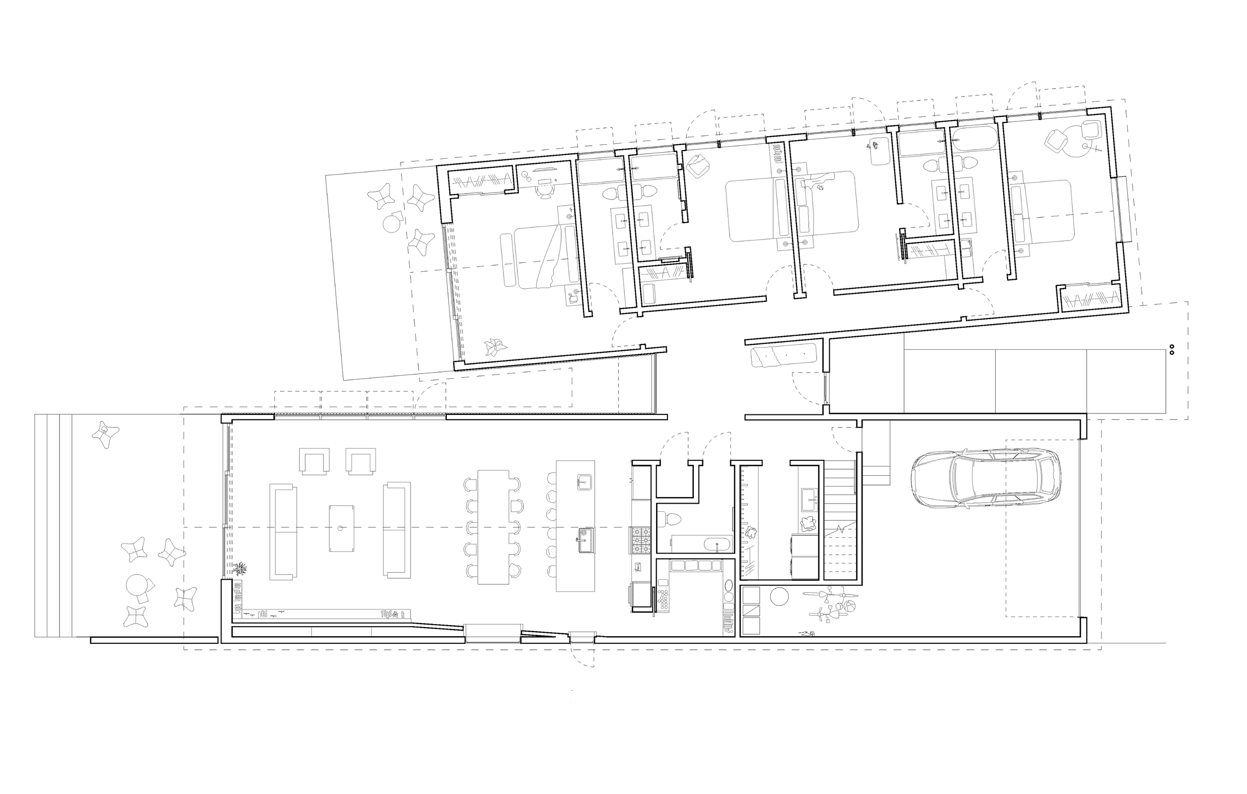 Architectural floor plan featuring a residential layout with living area, dining area, bedrooms, kitchen, bathrooms, and garage.