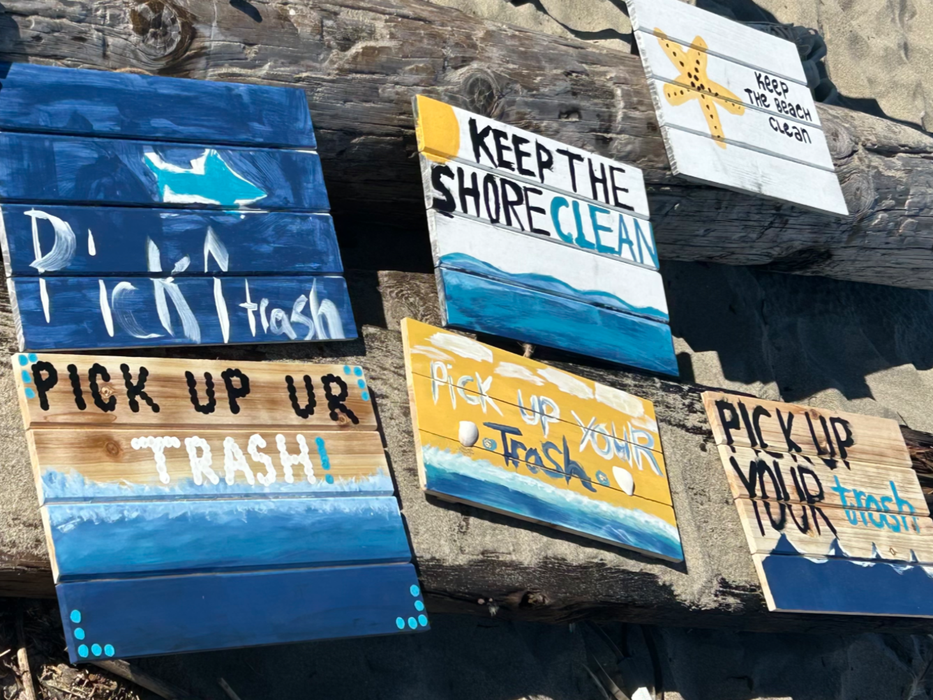 Collection of painted wooden signs on driftwood, encouraging beach and shoreline cleanliness, with messages like "Keep the beach clean," "Keep the shore clean," and "Pick up your trash."