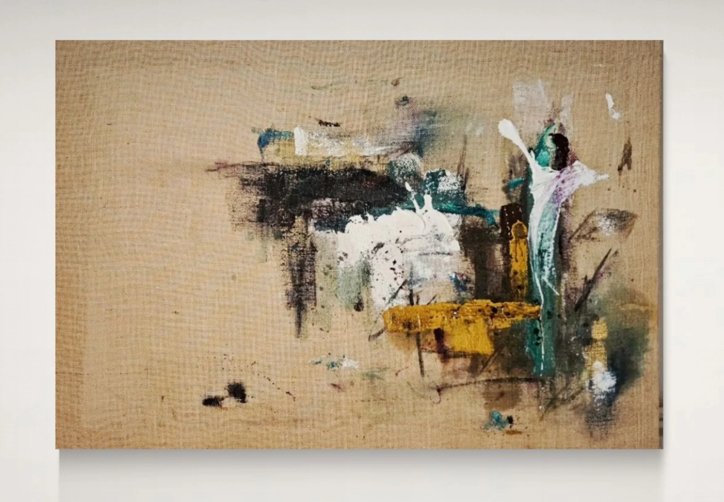 Hitoritachi, 2025, Acrylic paint and charcoal, on burlap | 70 x 100 x 2cm | 27.5 x 39.5 x 0.75''  | Available unframed or with a custom raw wood floating frame 