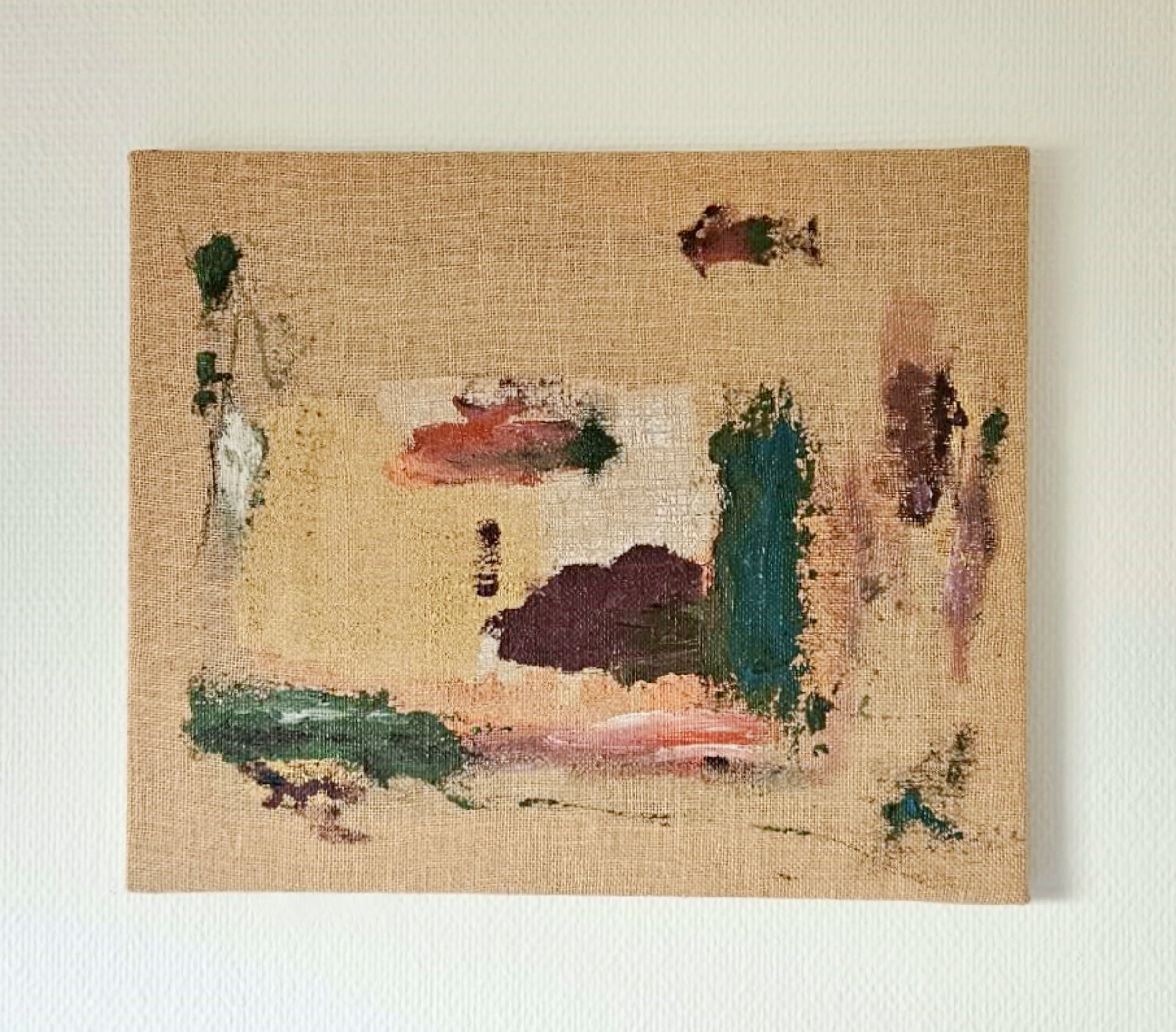Still Becoming, 2026, Acrylic paint and charcoal, on burlap | 40 x 50 x 2cm | 16 x 20 x 0.75''  | Artist wooden frame 