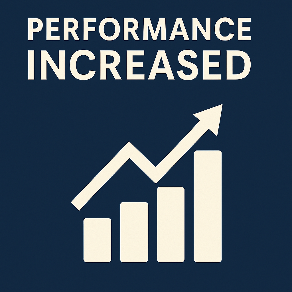 Minimalist performance growth graphic featuring dark blue backdrop, cream upward-trending bar chart with arrow, labeled ‘PERFORMANCE INCREASED’ to convey AI-powered business improvement and productivity boost.