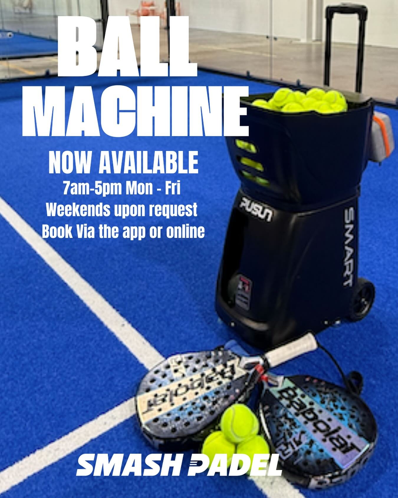 Meet your new training partner 🎾
The Smash Padel ball machine is now live - book Mon&ndash;Fri, 7am&ndash;5pm, or request weekends.
Reserve in the app or online!