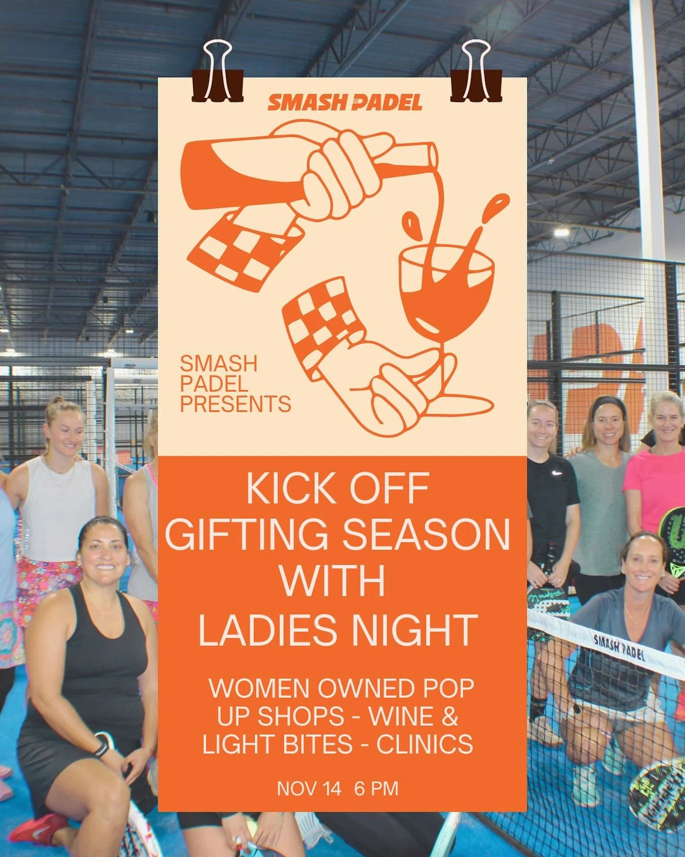 ✨ Kick off the gifting season Smash-style! ✨
Join us for Ladies Night on Nov 14 at 6PM &mdash; featuring women-owned pop-up shops, wine &amp; light bites, and padel clinics for all levels.
Shop, sip, and mingle with your Smash community 🧡🎾

#Smashp