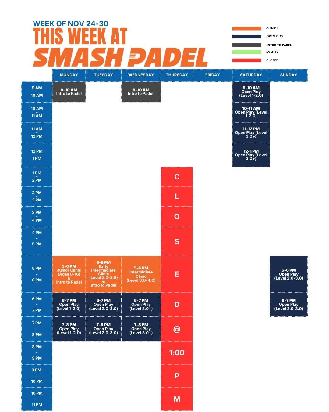 Grateful for this community. Here&rsquo;s your Thanksgiving week schedule &mdash; grab your paddles and come play!🦃🎾

#smashpadelboulder #padellife #SmashPadel #playsmashpadel #padelcommunity