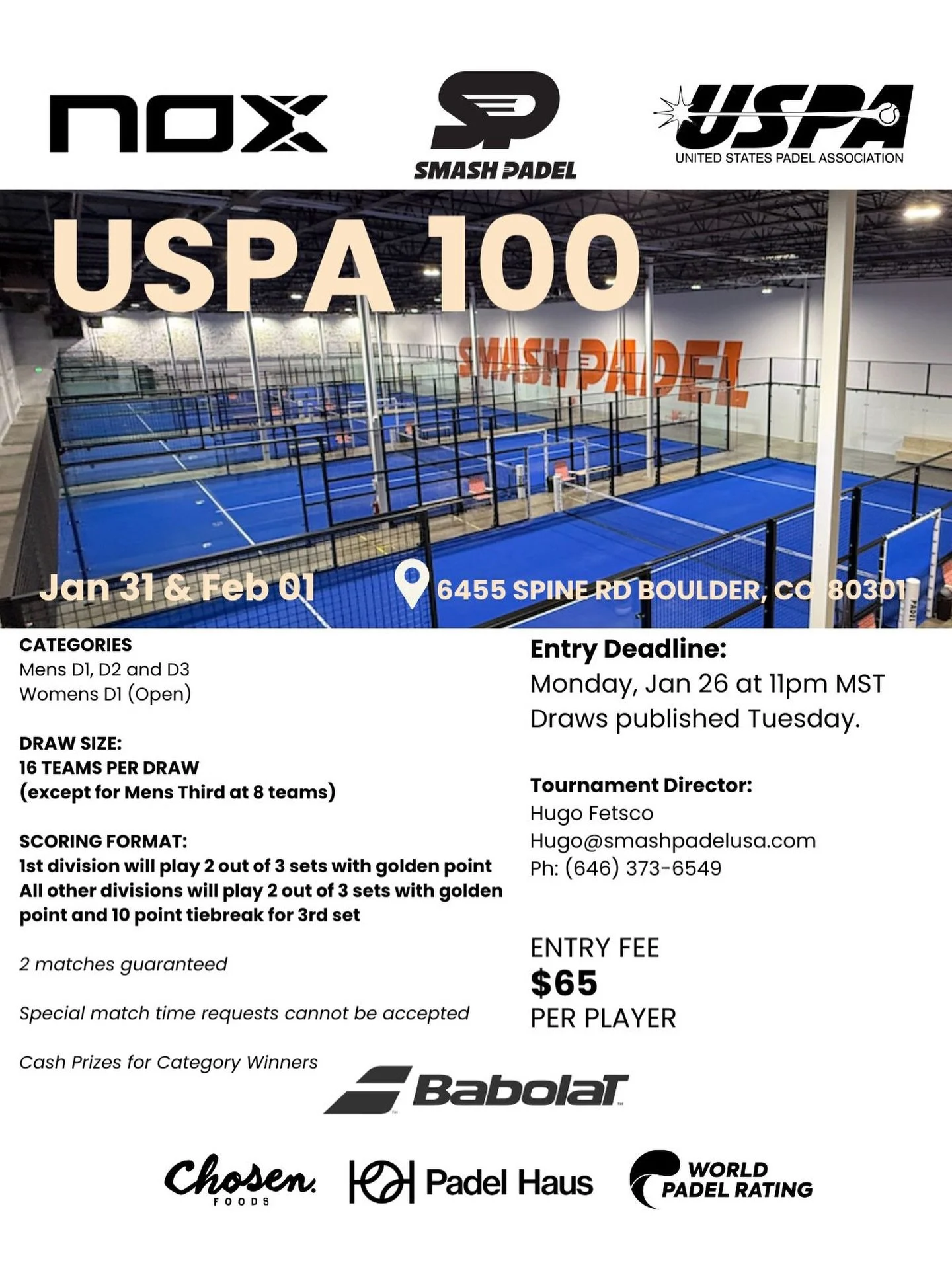 🚨CO USPA 100 Tournament ALERT 🚨

Registration is now open for the USPA 100 national tournament circuit at Smash Padel in Boulder on Jan 31 &amp; Feb 1st! 
USPA 100 Registration ends Monday Jan 26th at 11pm MST.

https://uspa-tournaments.worldpadelr