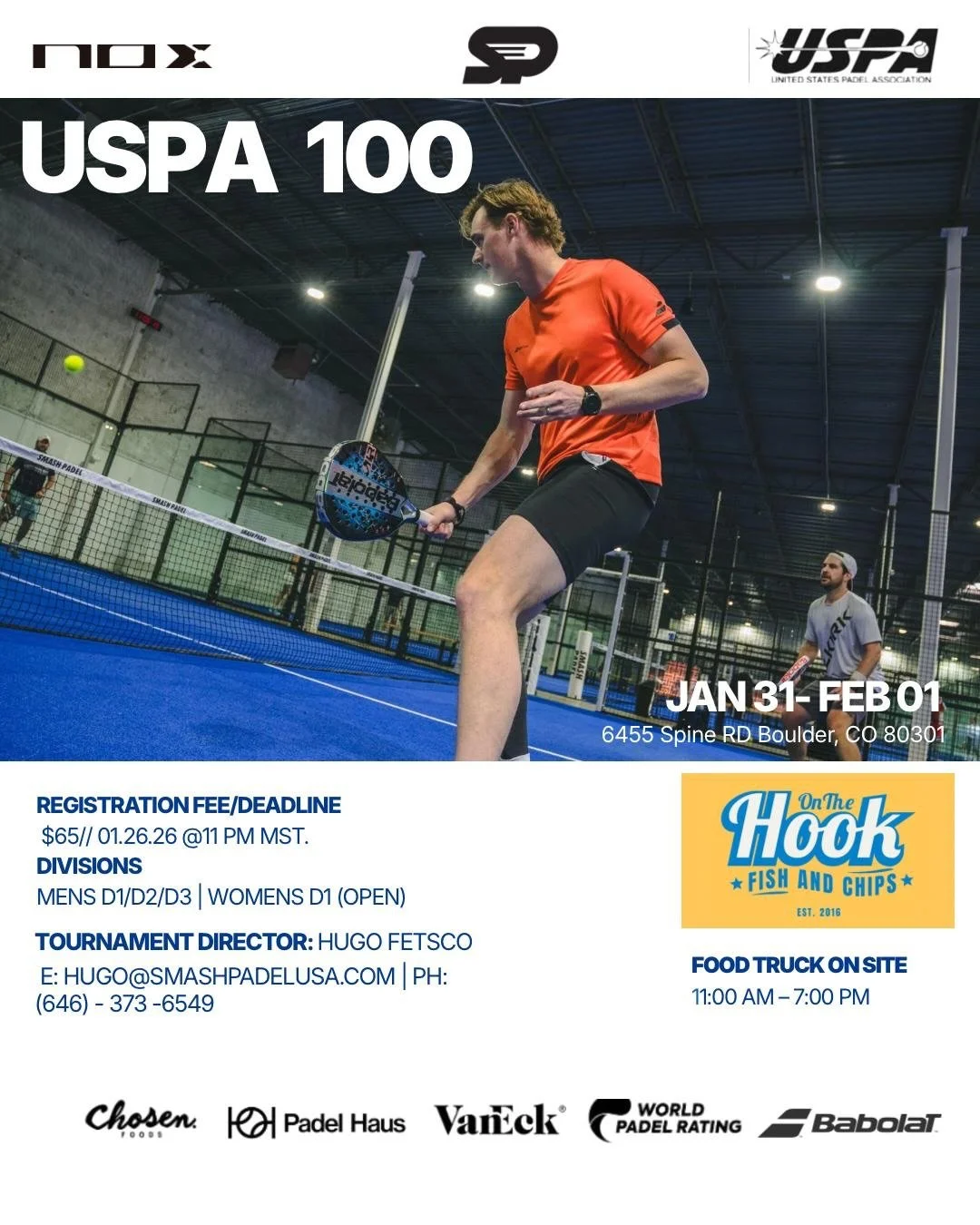 🚨 USPA 100 TOURNAMENT ALERT + ON THE HOOK FOOD TRUCK ON SITE! 🚨🔥

8 more days until the USPA 100 National Tournament Circuit at Smash Padel Boulder, happening Jan 31 &amp; Feb 1!

Plus&mdash; @onthehookcod Food Truck will be on-site to keep you fu