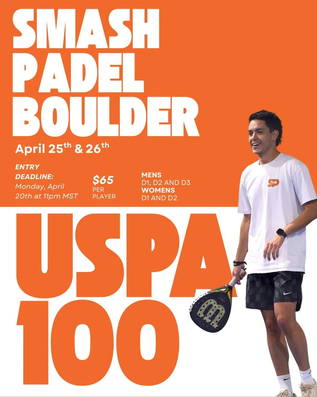 The USPA 100 hits Smash Padel Boulder on April 25th &amp; 26th &mdash; Mens D1/D2/D3 and Women's D1/D2. Competitive padel at its best, right here in Colorado.
Entries close Monday April 20th at 11pm MST &middot; $65/player
Link in bio. Don't miss out