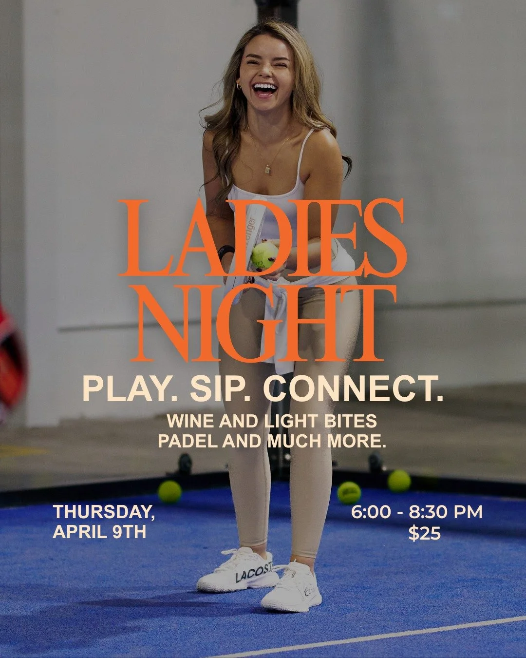 Ladies Night is back and this one's for you. 
Padel, wine &amp; light bites with our amazing female community. 
All levels welcome from first timers to seasoned pros April 9. Spots are limited. Download the Smash Padel app and secure your spot.