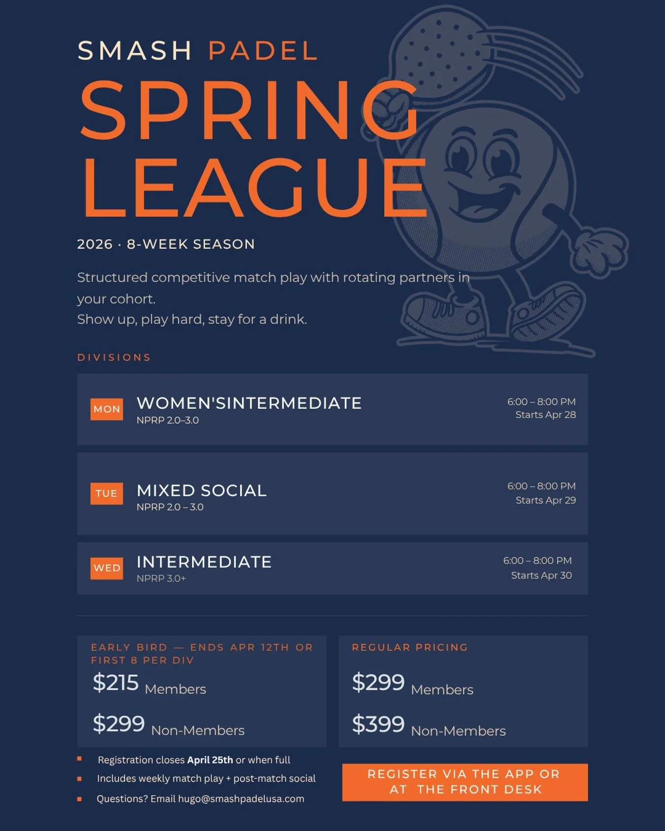 Boulder's first padel league is here. 🎾

Spring League 2026 kicks off this April 28th - 8 weeks of competitive match play, rotating partners, and post-match drinks. 

Match results count toward your NPRP and WPR ratings.
Three divisions. Monday, Tue
