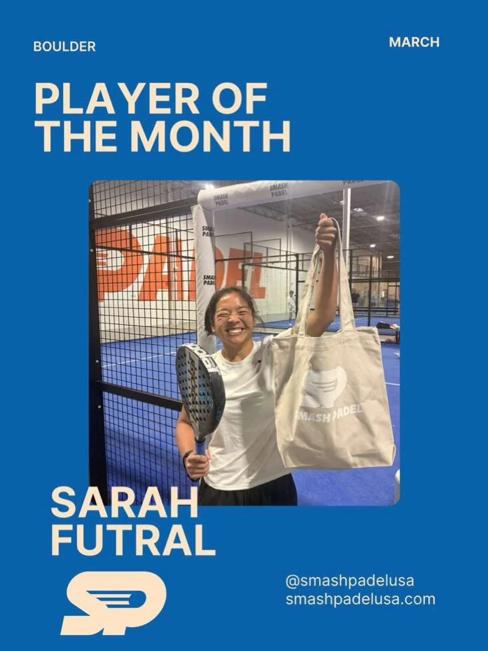 Player of the Month: Sarah Futral! 

One of the newest faces at the club, but already impossible to miss, Sarah has taken our community by storm with her infectious smile and energy.

No racket sports background? No problem. Sarah has powered her way