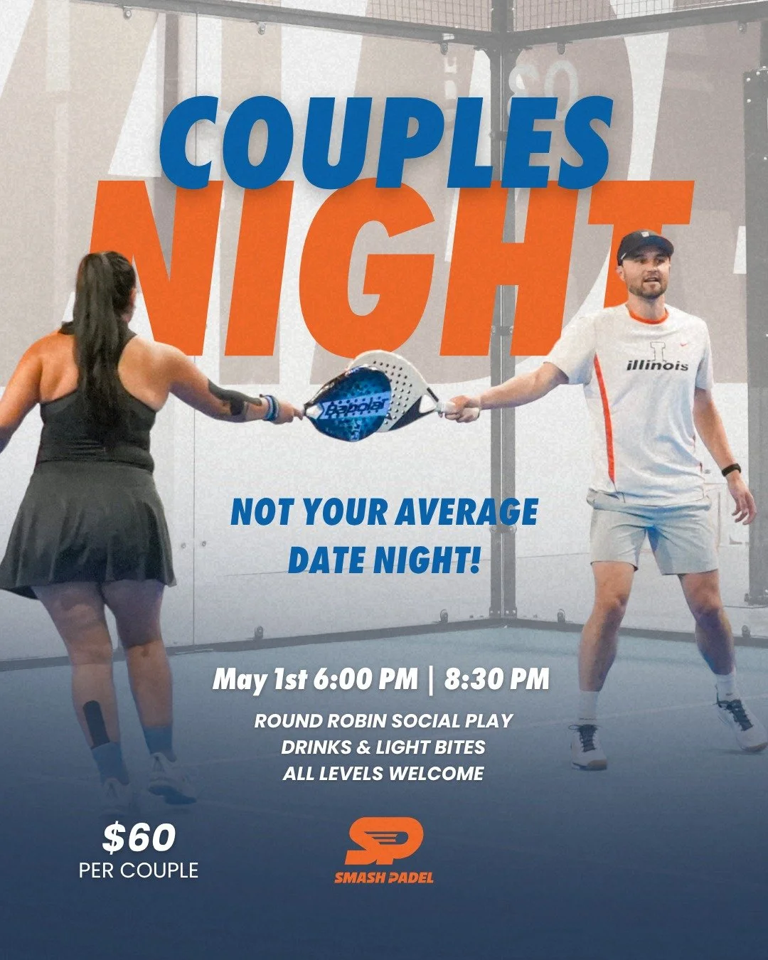 Ready to level up your date night?  Join us on May 1st for our Couples Night, a mix of round-robin social play, drinks, and light bites. 

No matter your level, it&rsquo;s all about the partnership and the good company.
Ready to play? Download the Sm
