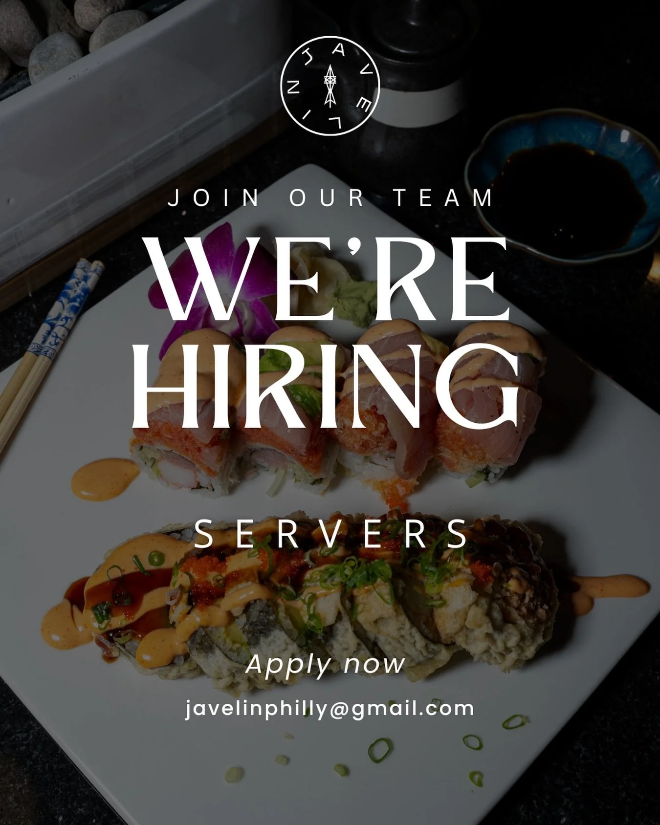 NOW HIRING SERVERS
As our restaurant continues to grow, we are expanding our team. Come join us! 

✨ Strong team environment
✨ Flexible scheduling
✨ Opportunity for growth 

Email your resume to javelinphilly@gmail.com today!