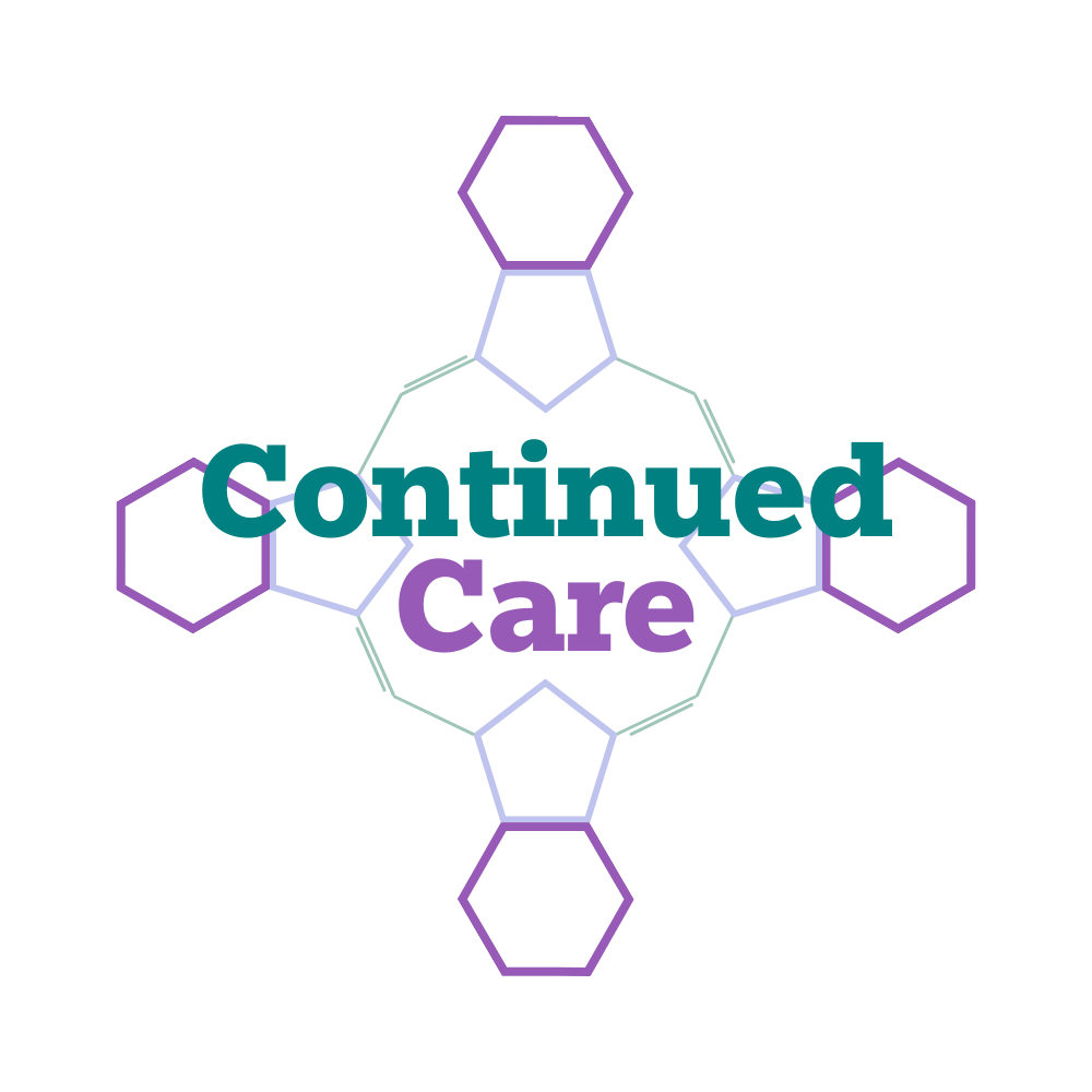 The image features the words 'Continued Care' overlaid on a graphic of a chemical structure for iron with hexagon and pentagon shapes