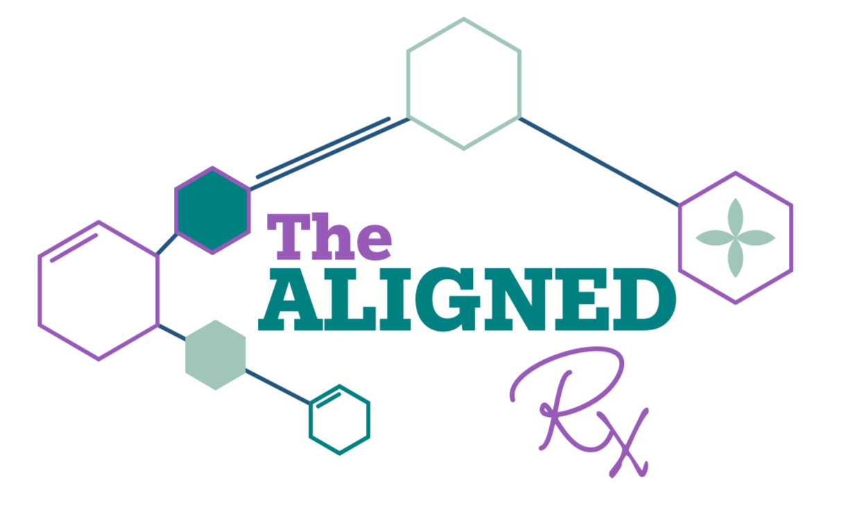 The image features a stylized graphic design with the text 'The Aligned Rx' in a futuristic font surrounded by hexagonal shapes and lines, using shades of teal, purple, and light green.
