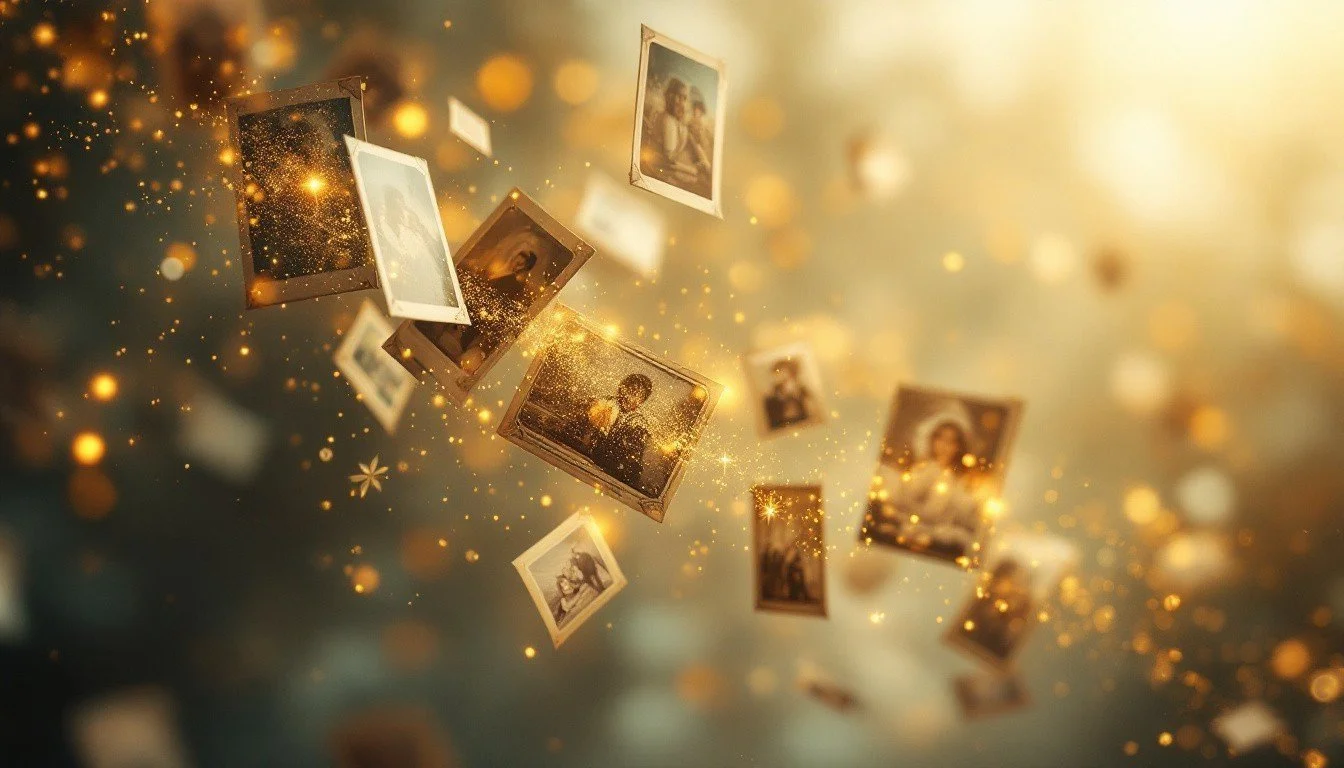 A collection of old photographs floating in the air with a warm golden light and glittering particles.