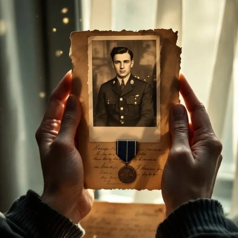 A person holding a vintage photograph of a young man in military uniform, along with a medal and handwritten note on aged paper, in front of a window with light filtering through curtains.