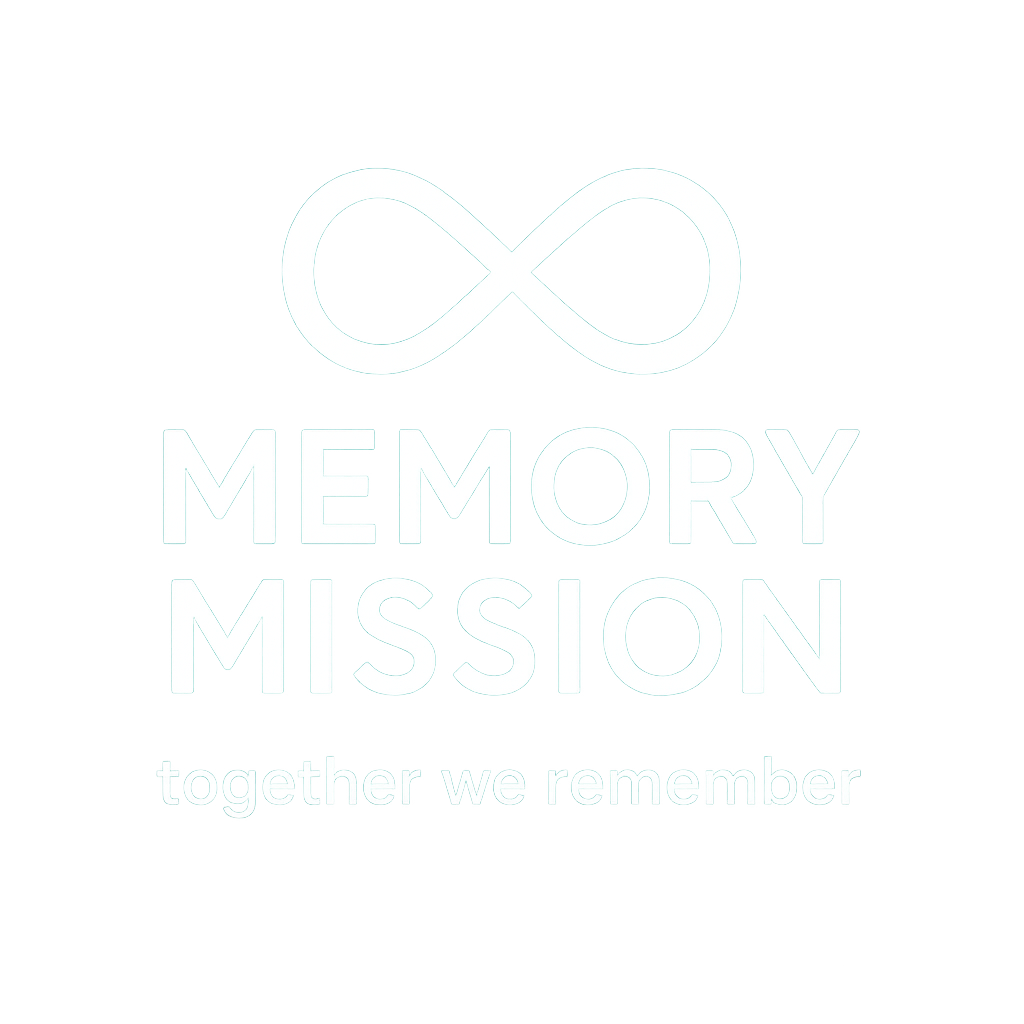 Logo for Memory Mission featuring an infinity symbol and the words "Memory Mission" with the slogan "together we remember" on a black background.