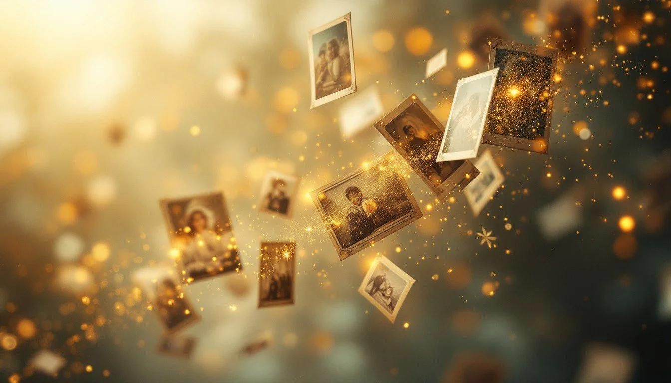 Floating photographs with glowing particles and light effects.