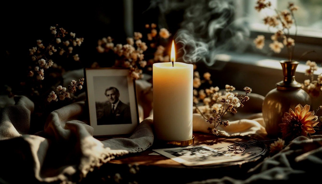A lit candle on a table surrounded by flowers, a framed black-and-white photograph of a man, and a gold-colored vase with flowers, with a window in the background.