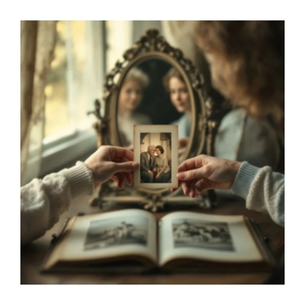 A person holding a vintage photograph of an elderly couple, with a mirror reflecting their faces and an open photo album on a table.