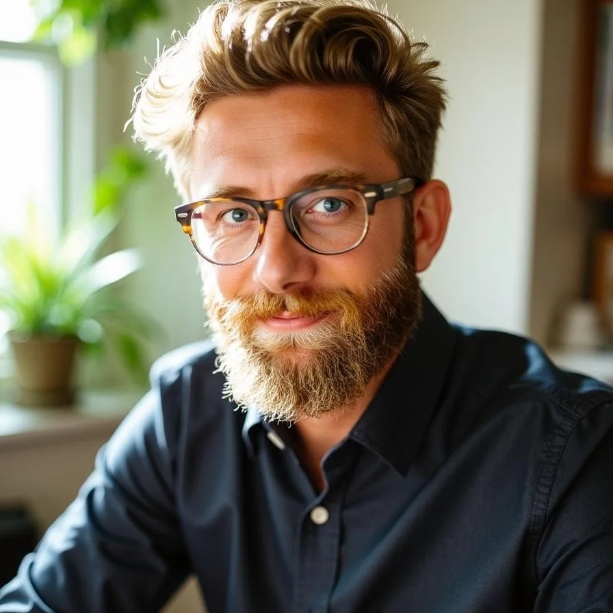Portrait of a bearded man with glasses, smiling, wearing a dark shirt, sitting indoors near a window with green plants in the background.
