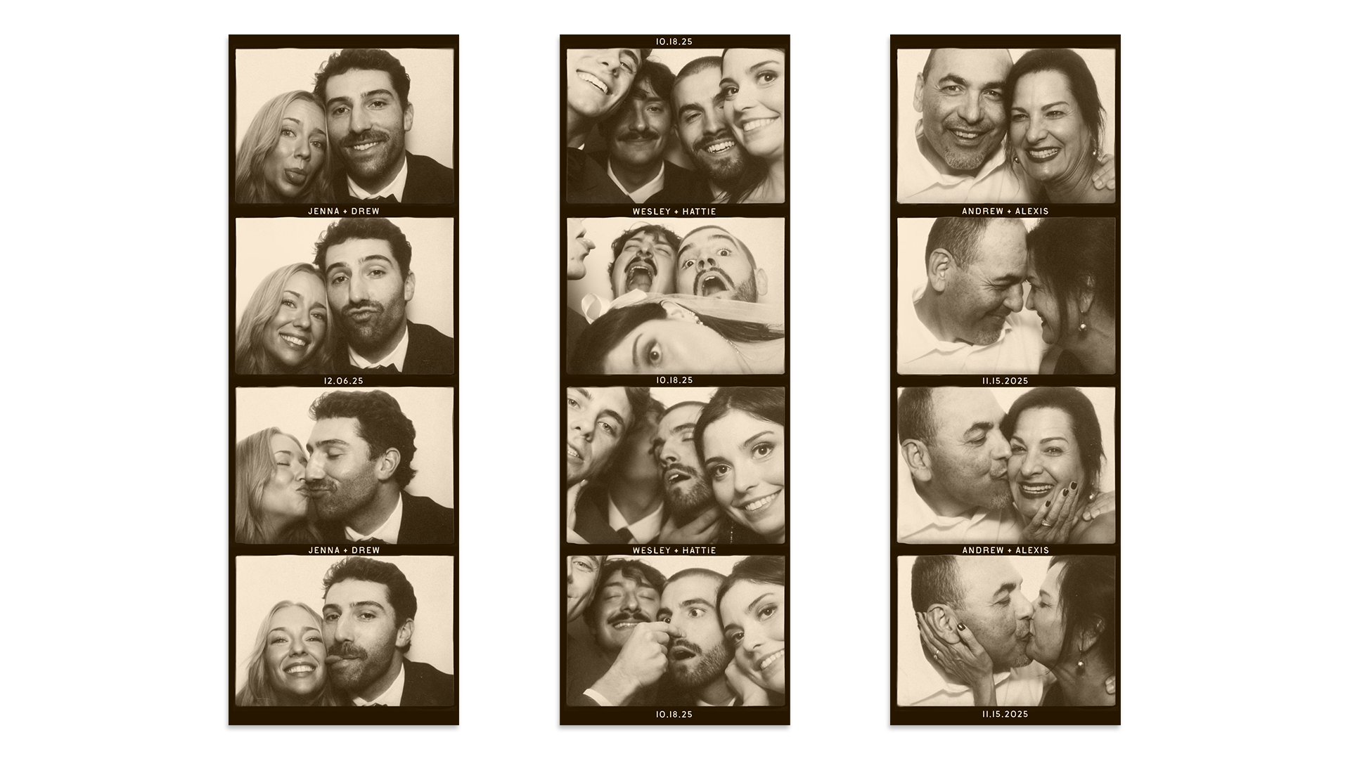 Collage of photo booth strip pictures featuring various couples and groups, with monograms of wedding dates and couple's names, in sepia tone.