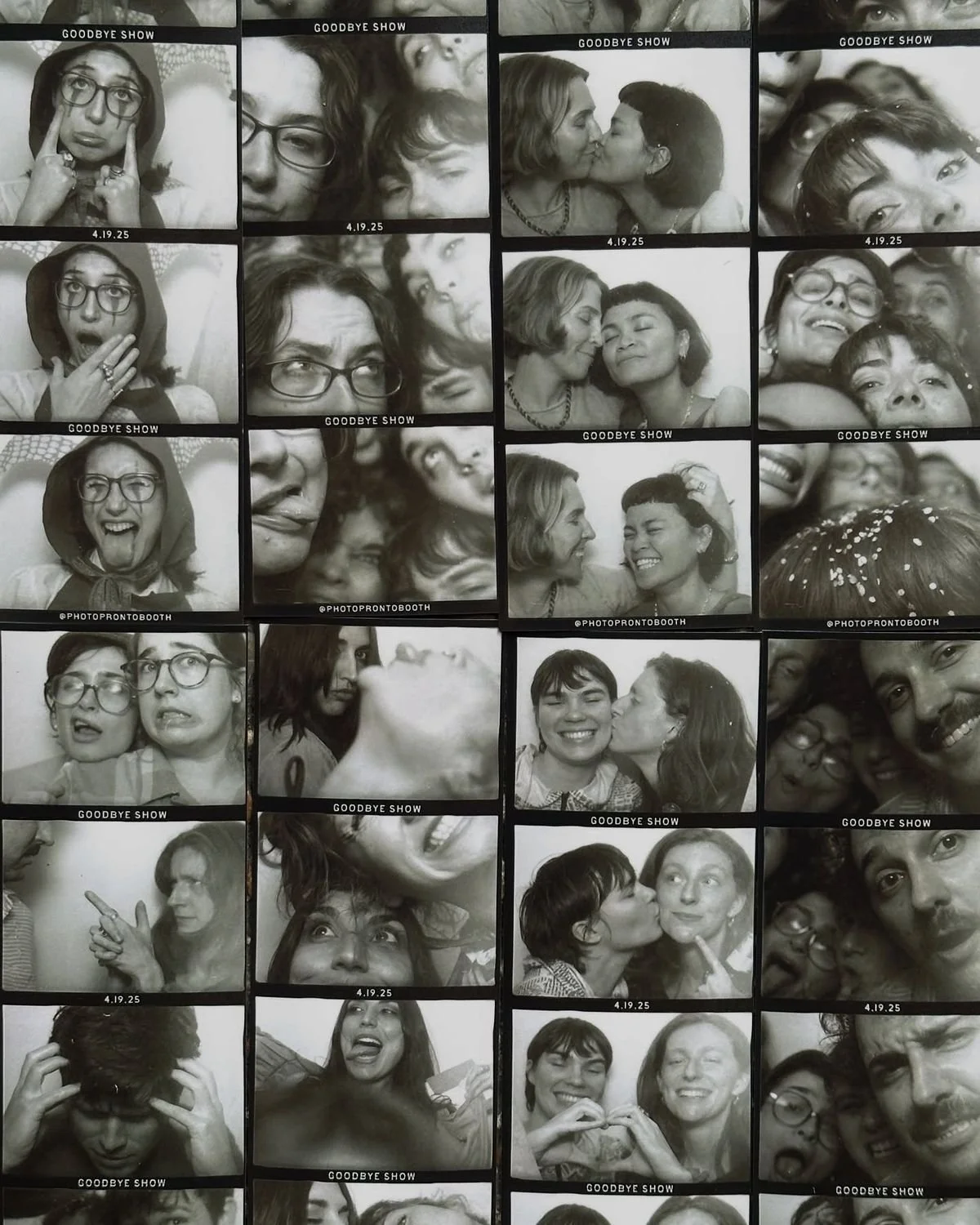 A series of black-and-white photo booth strips showing various candid moments and expressions of people, including kissing, funny faces, and group poses, labeled 'Goodbye Show' and dated 4.19.25.