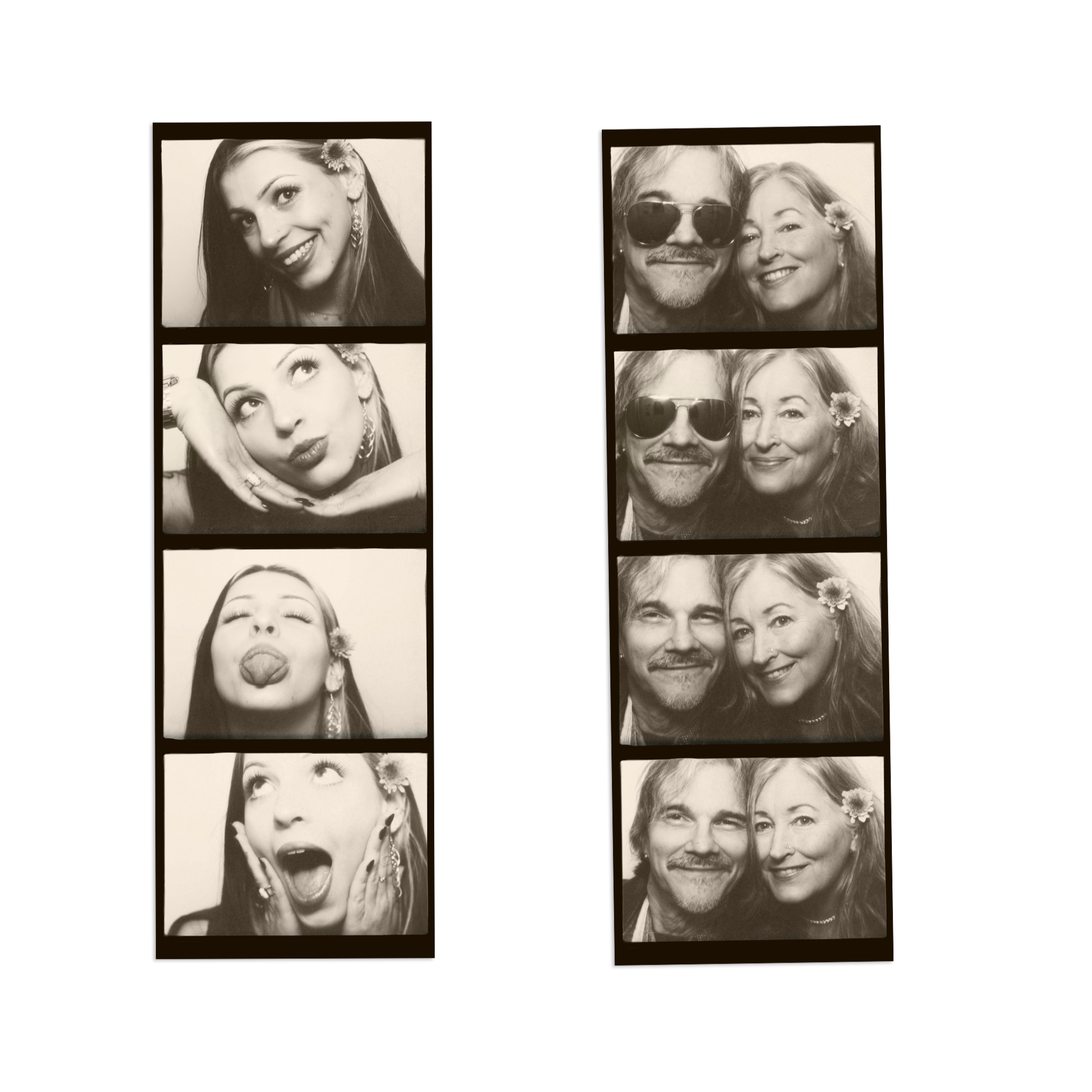 Two sets of photo booth strips featuring black and white images of a woman with a flower in her hair. The left strip shows her making funny faces, and the right strip shows her with a man wearing sunglasses, both smiling.