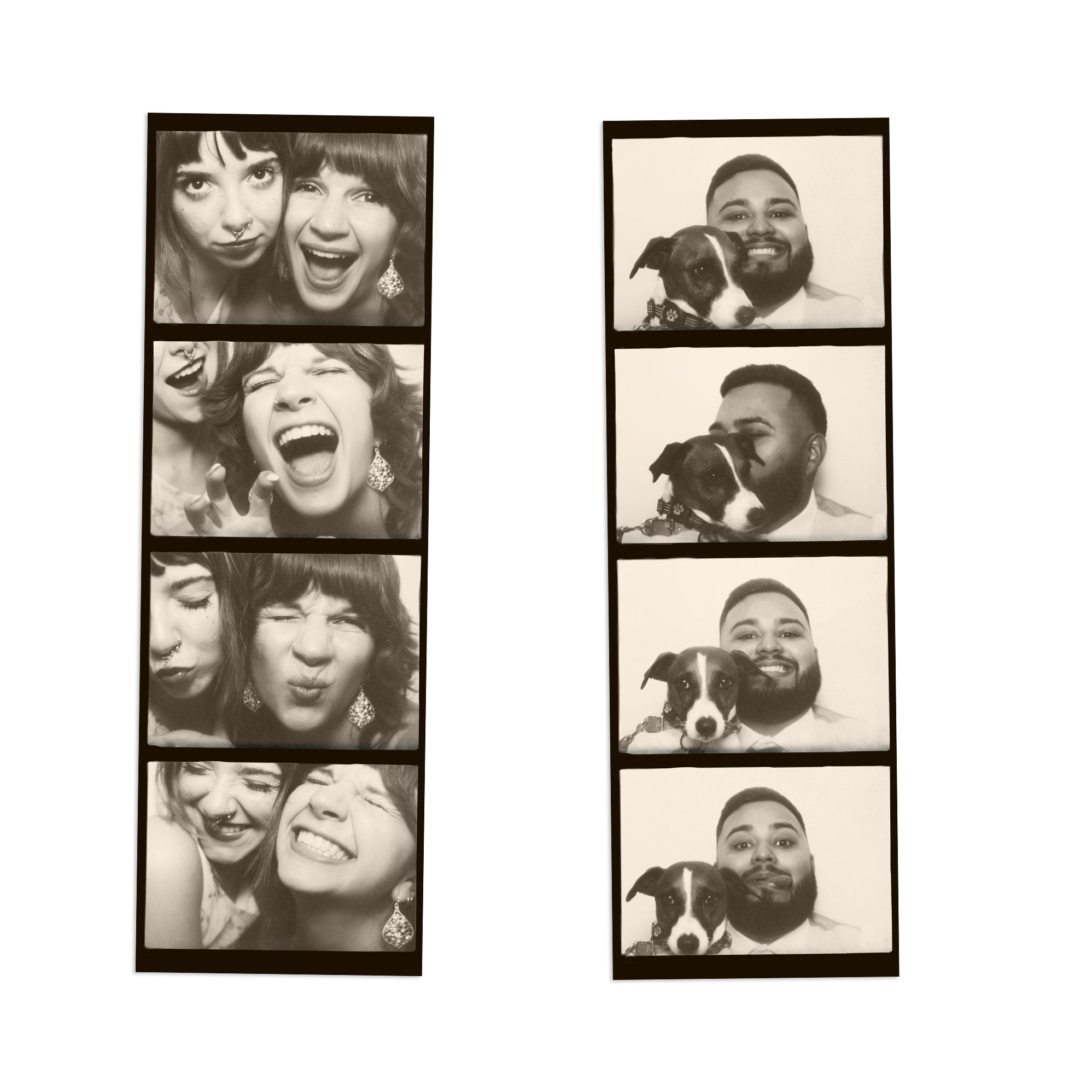 Two strips of black-and-white photo booth pictures, each containing four images. The left strip shows four women making funny faces and laughing. The right strip shows a man with a dog, smiling and making different expressions with the dog.