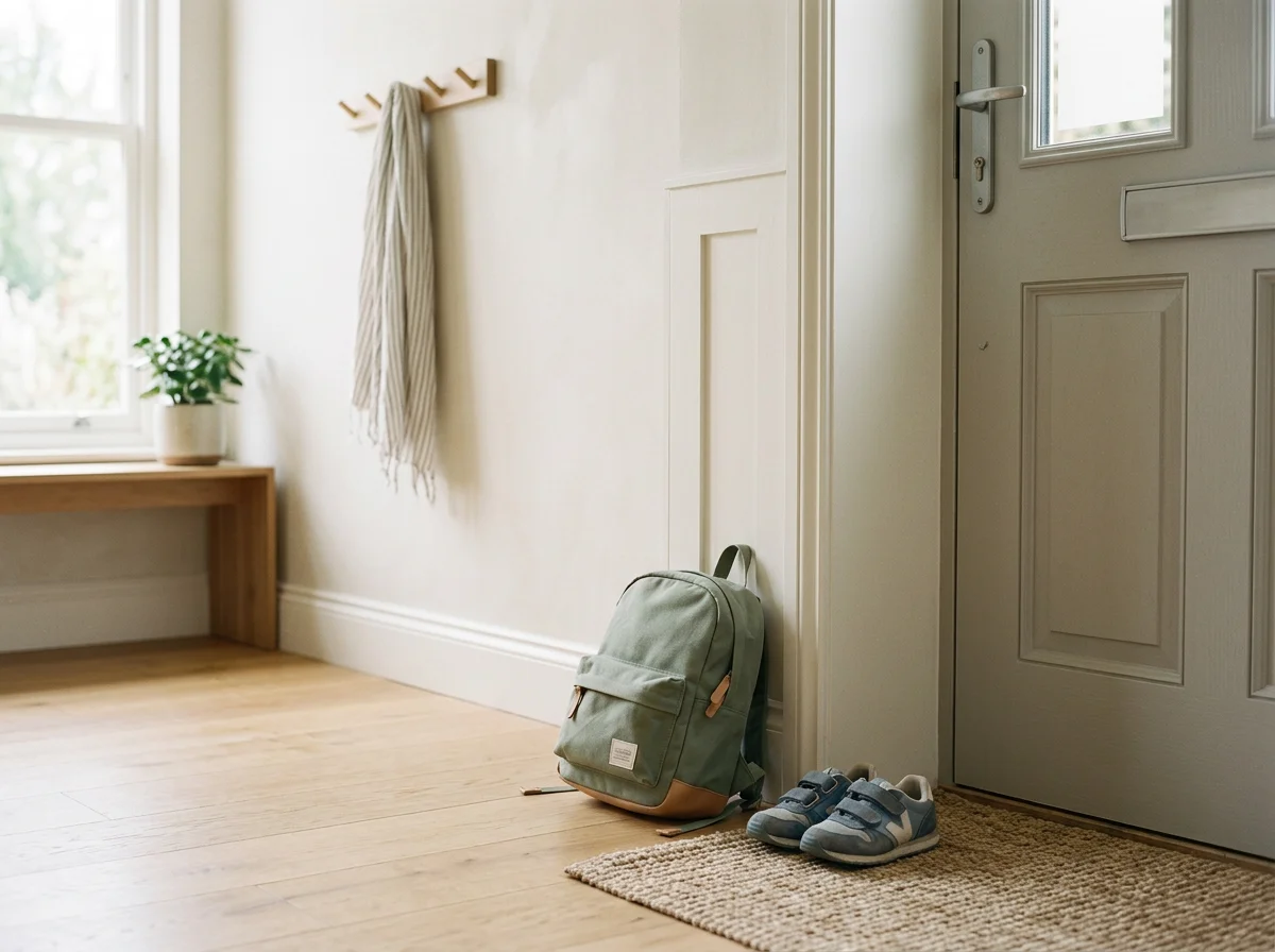 Child's backpack and sneakers by the front door, representing co-parenting between two homes.