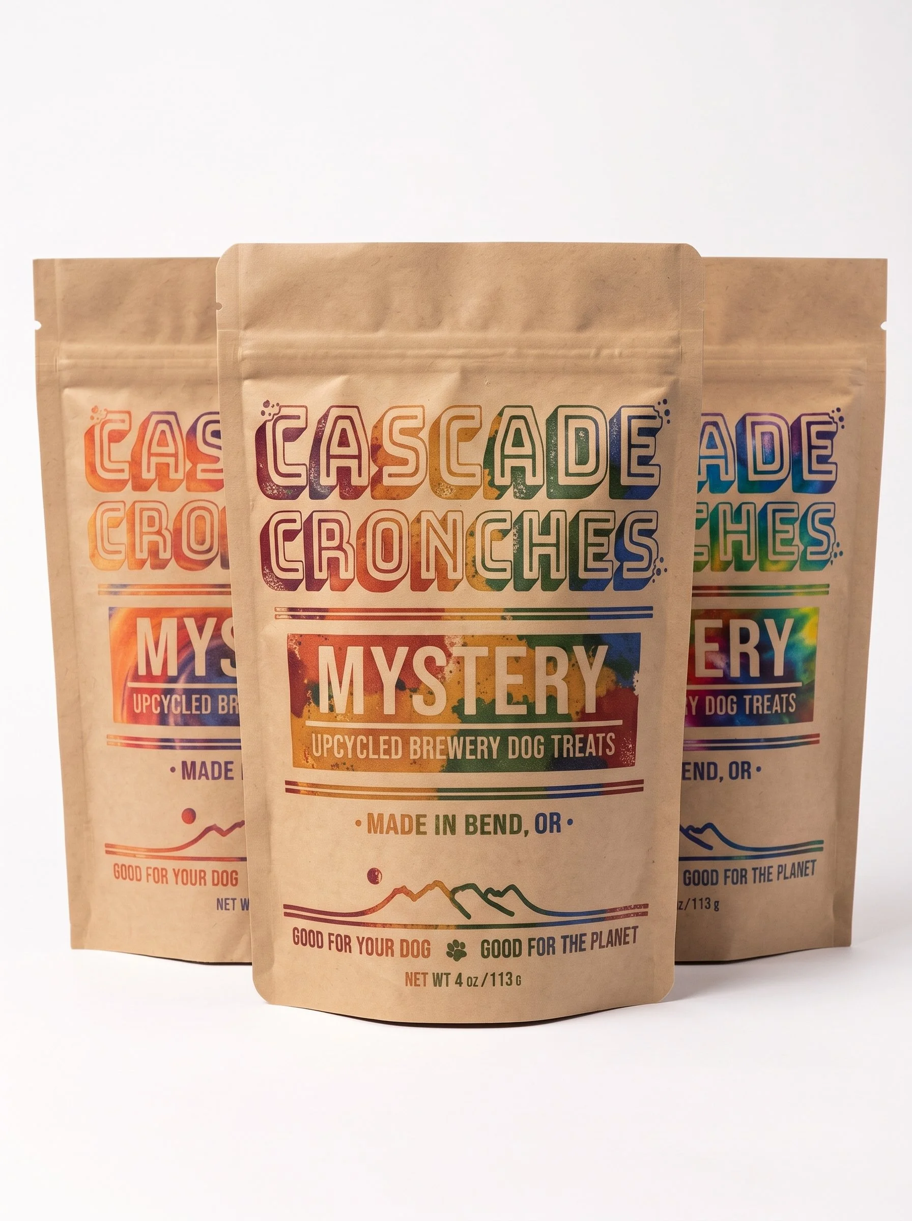 Three natural kraft bags of Cascade Cronches upcycled spent grain dog treats