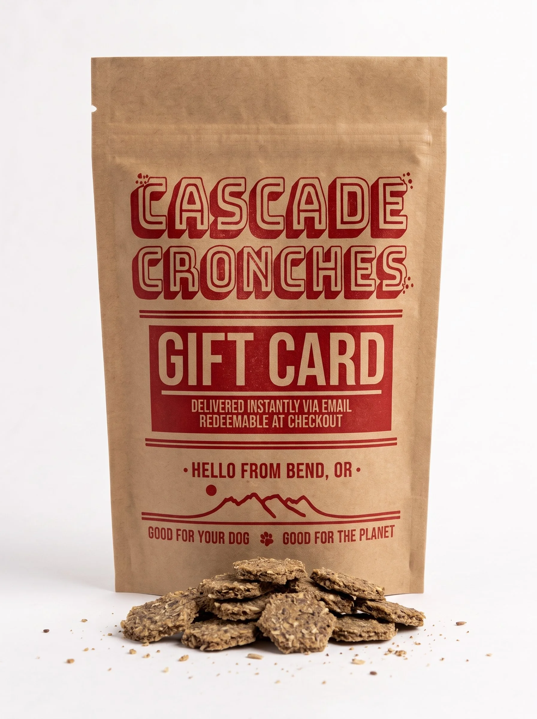 Cascade Cronches digital gift card stamped kraft pouch mockup on clean white background with upcycled spent-grain dog treats