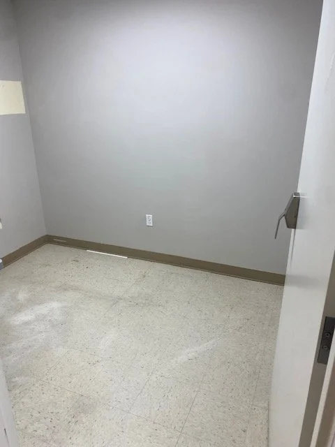 Empty room with gray walls, beige baseboards, beige carpet, and a wall-mounted telephone on the right.