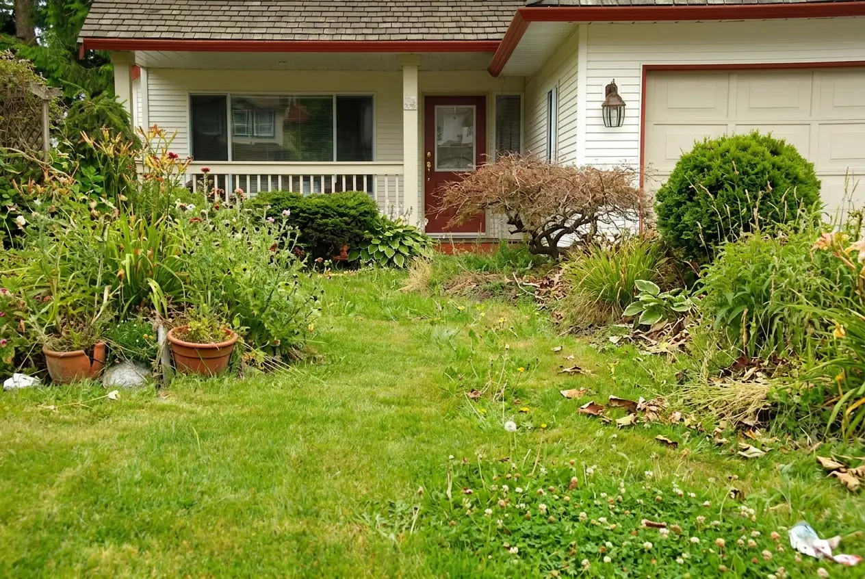 Overgrown front yard before landscaping cleanup and maintenance in Portland, OR