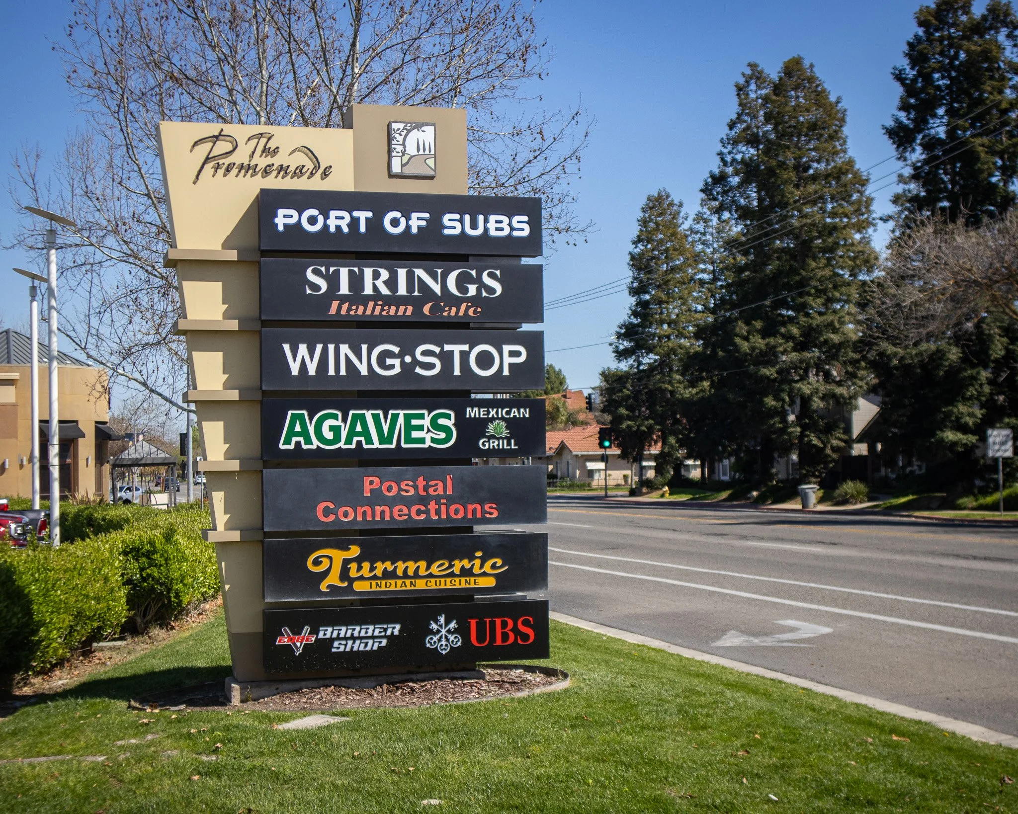 A multi-tenant business sign displaying various business names in a shopping area, including The Promenade, Port of Subs, Strings Italian Cafe, Wing Stop, Agaves Mexican Grill, Postal Connections, Turmeric Indian Cuisine, and other smaller signs for